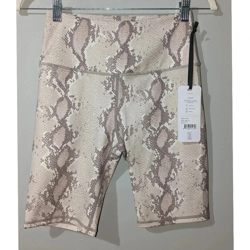 Varley Snake Print Biker Shorts in Beige and Taupe